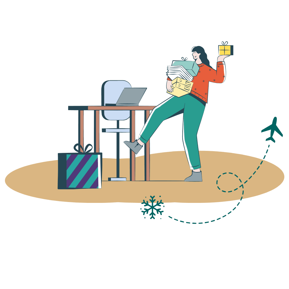 Eine Frau trägt Geschenke, im Hintergrund steht ein Schreibtisch